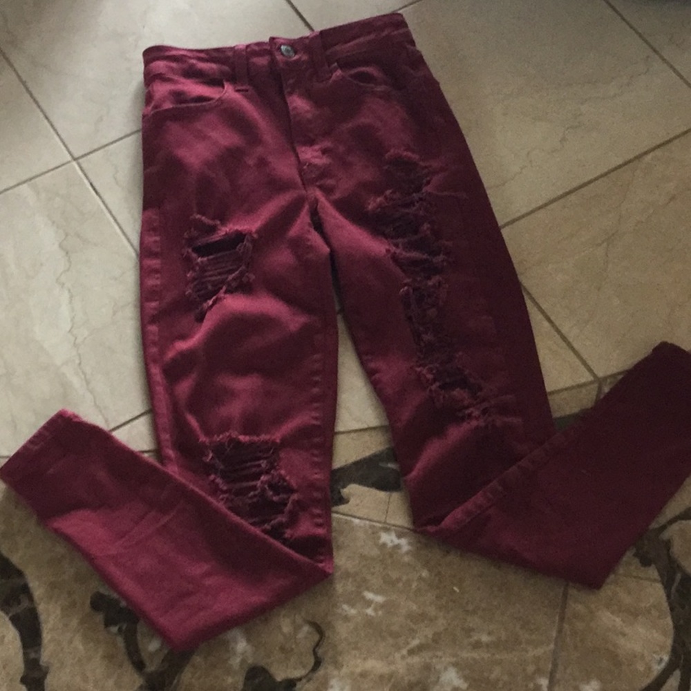 America Eagle distressed jeans. Burgandy. Size 0